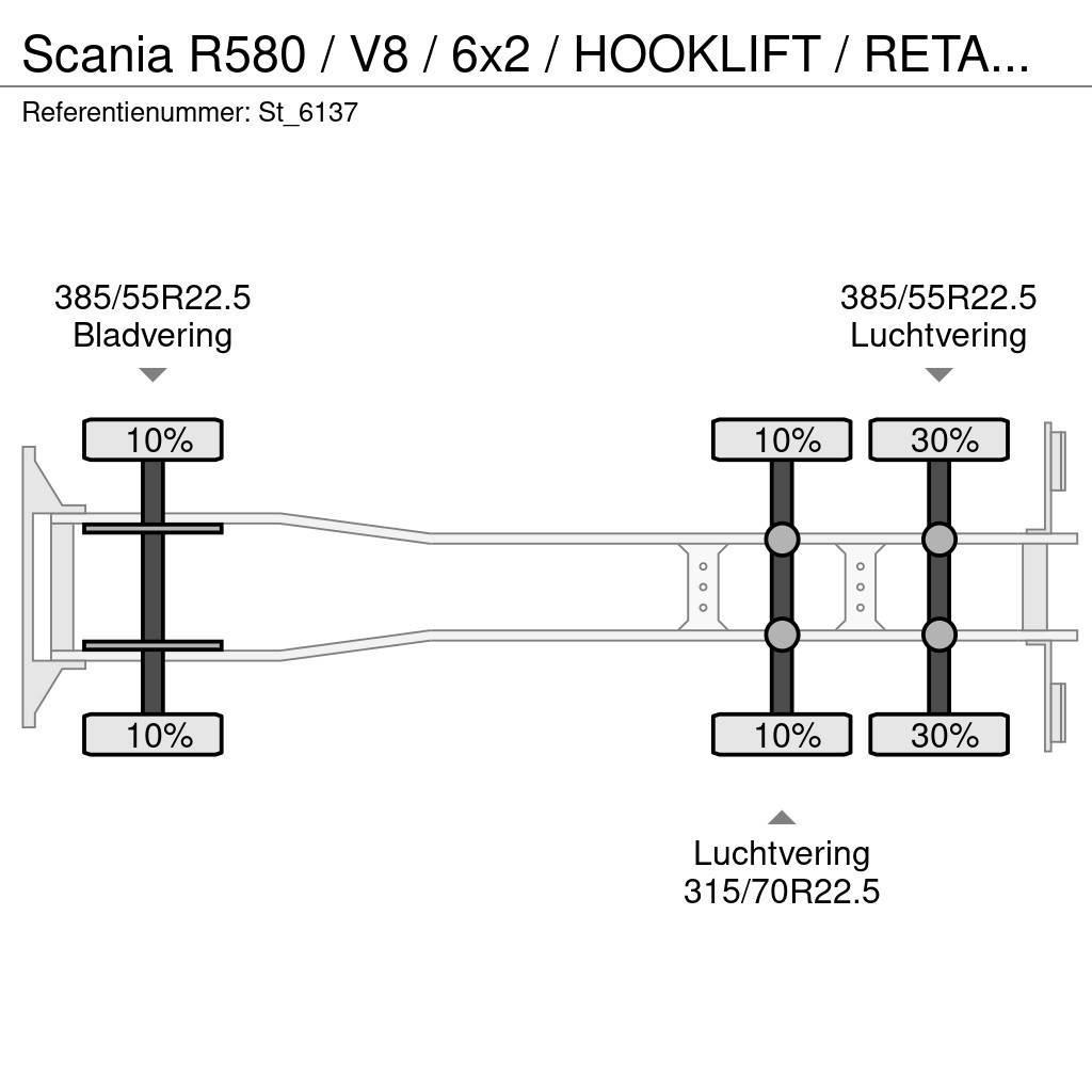 Scania R580 / V8 / 6x2 / HOOKLIFT / RETARDER / LIFT-STEER Hook lift trucks