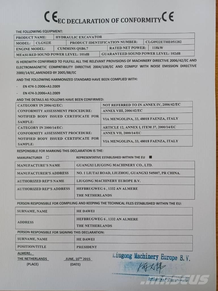 LiuGong CLG 922 E Rupsgraafmachines