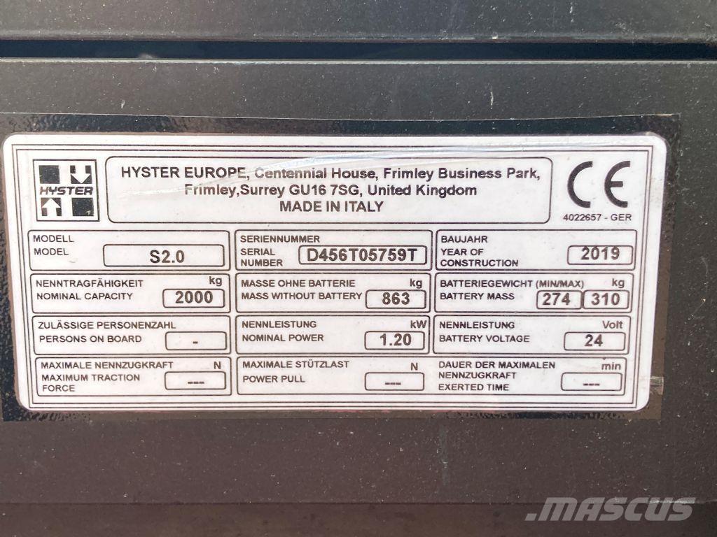 Hyster S 2.0 Stapelaar meeloop