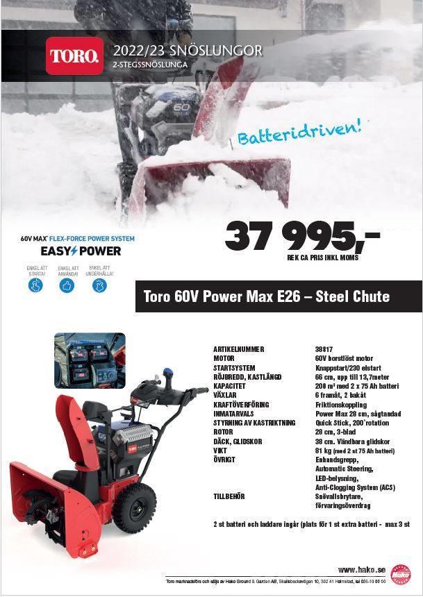 Toro Power Max E26 Batteridriven 2-stegs snöslunga Sneeuwblazers