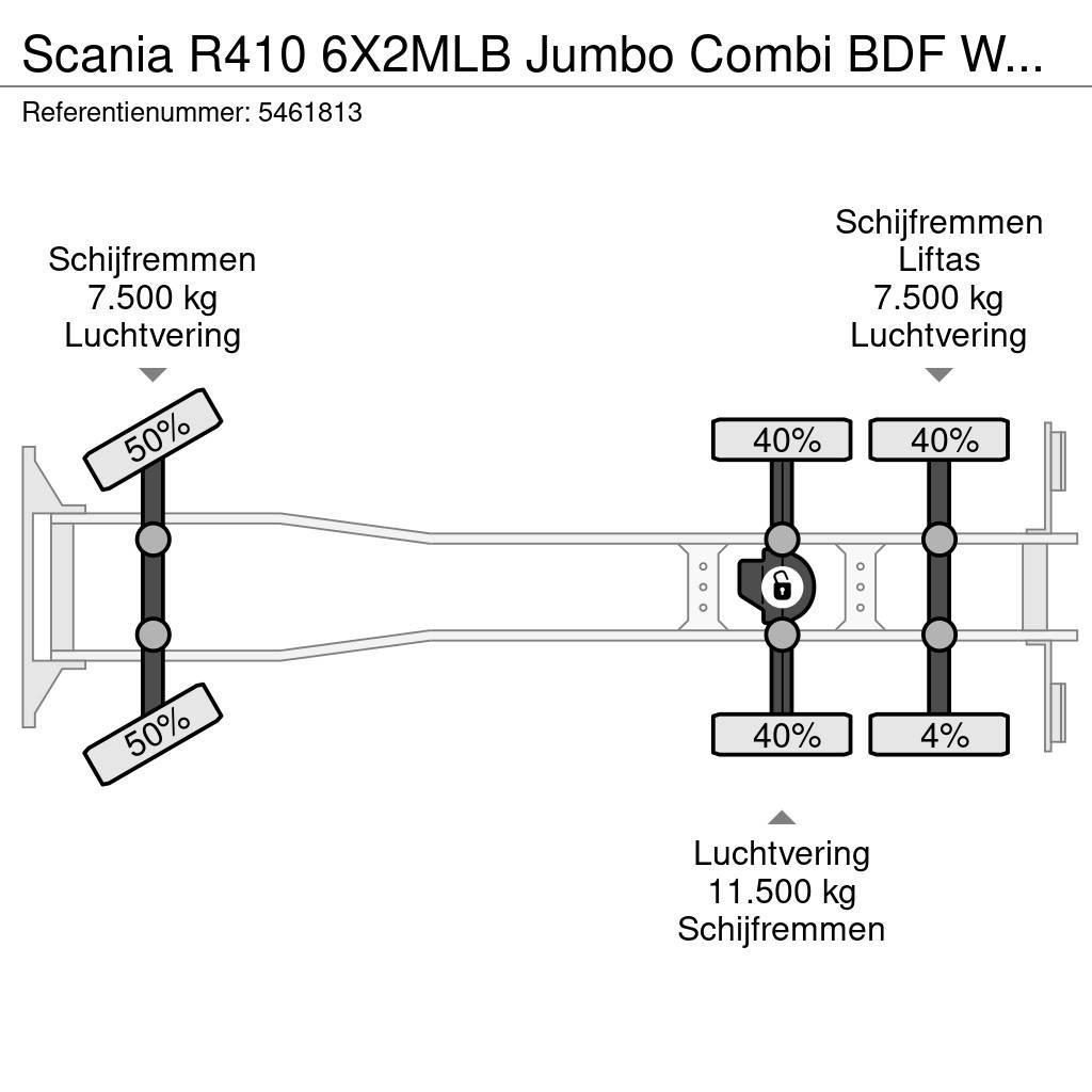 Scania R410 6X2MLB Jumbo Combi BDF Wechsel Hubdach Retard Bakwagens met gesloten opbouw