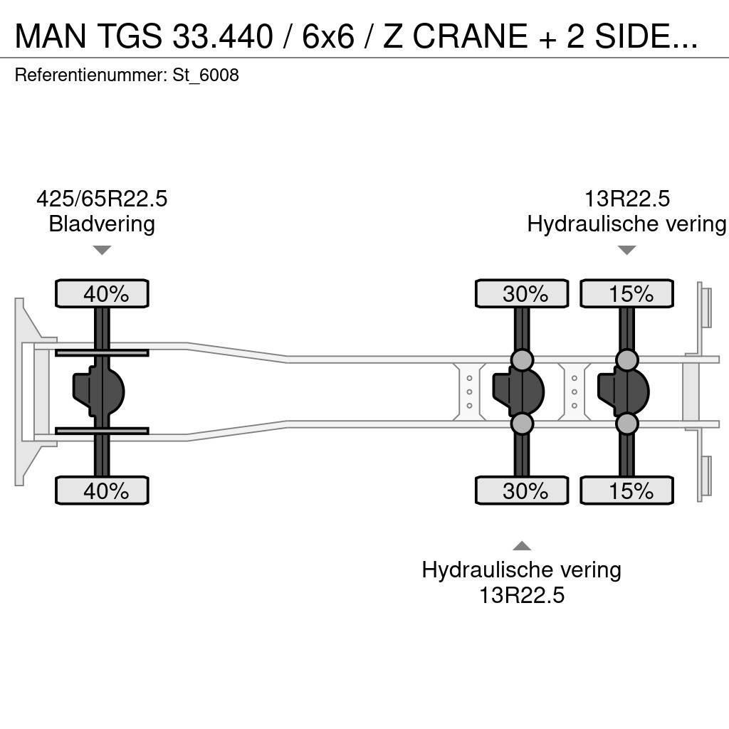 MAN TGS 33.440 / 6x6 / Z CRANE + 2 SIDE-TIPPER Vlakke laadvloer met kraan