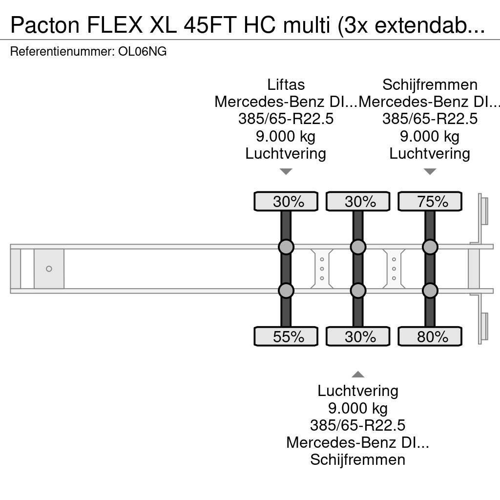 Pacton FLEX XL 45FT HC multi (3x extendable), 1x liftaxle Containerchassis