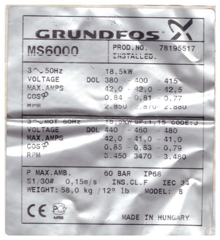 Grundfos SP60/11 - 25 HK Overige componenten